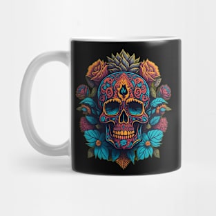 Floral Symphony: Red, Blue, and Gold Sugar Skull Art Surrounded by Flowers Mug